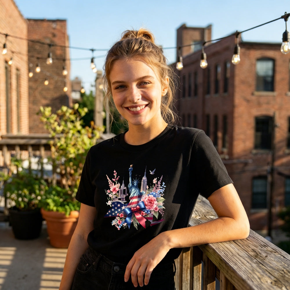 Patriotic Floral Design Classic T-Shirt Statue Of Liberty And American Flag With Flowers And Cityscape