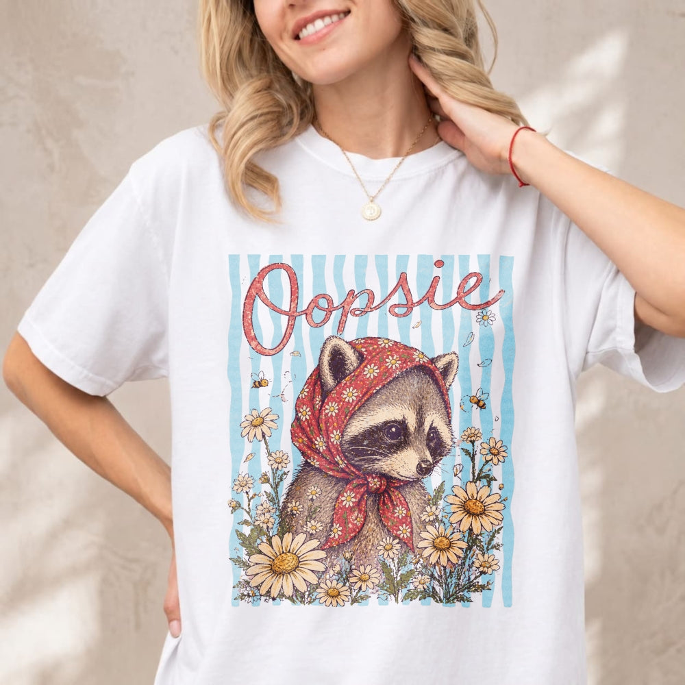 Vintage Style Classic T-Shirt Oopsie Raccoon With Red Bandana And Daisy Flowers
