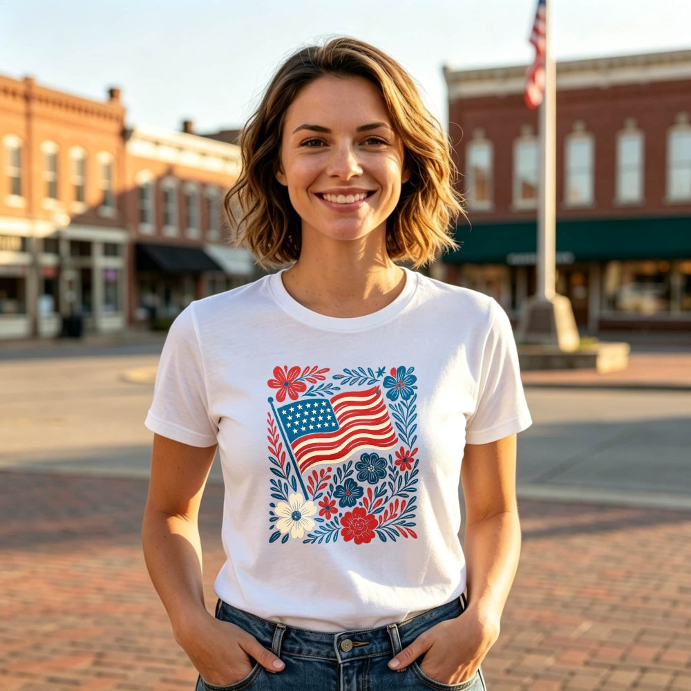 Patriotic Floral Design Classic T-Shirt American Flag And Flowers