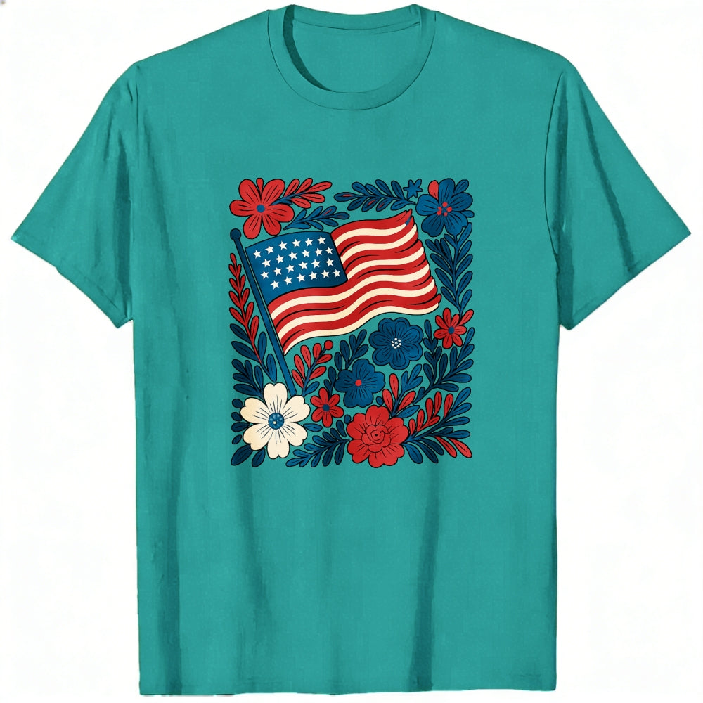 Patriotic Floral Design Classic T-Shirt American Flag And Flowers