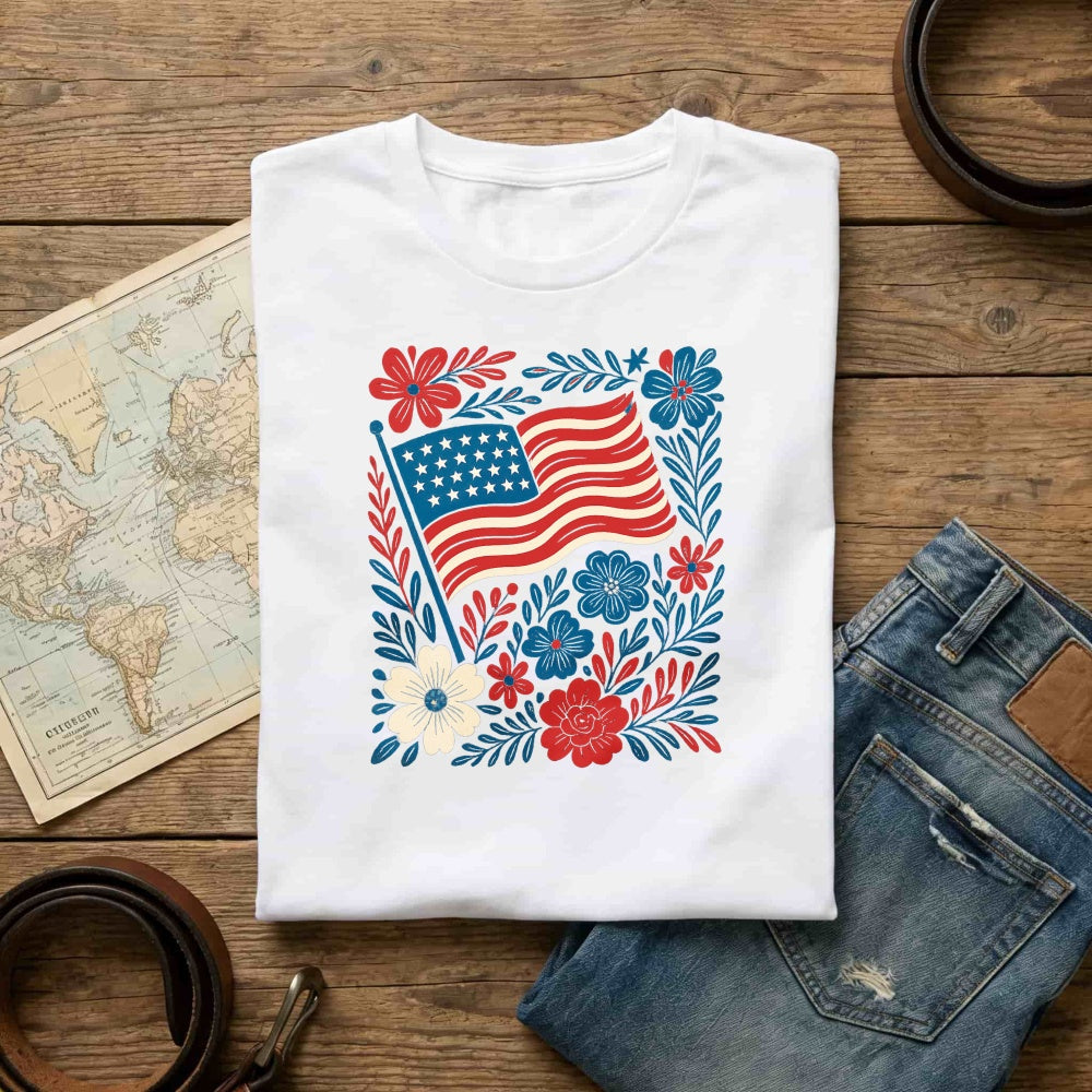 Patriotic Floral Design Classic T-Shirt American Flag And Flowers