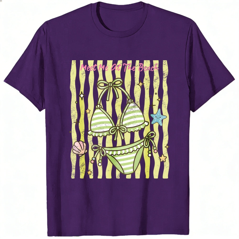 Cute Summer Beach Bikini Graphic Classic T-Shirt Meet Me At The Beach Striped Seashell Starfish Desi