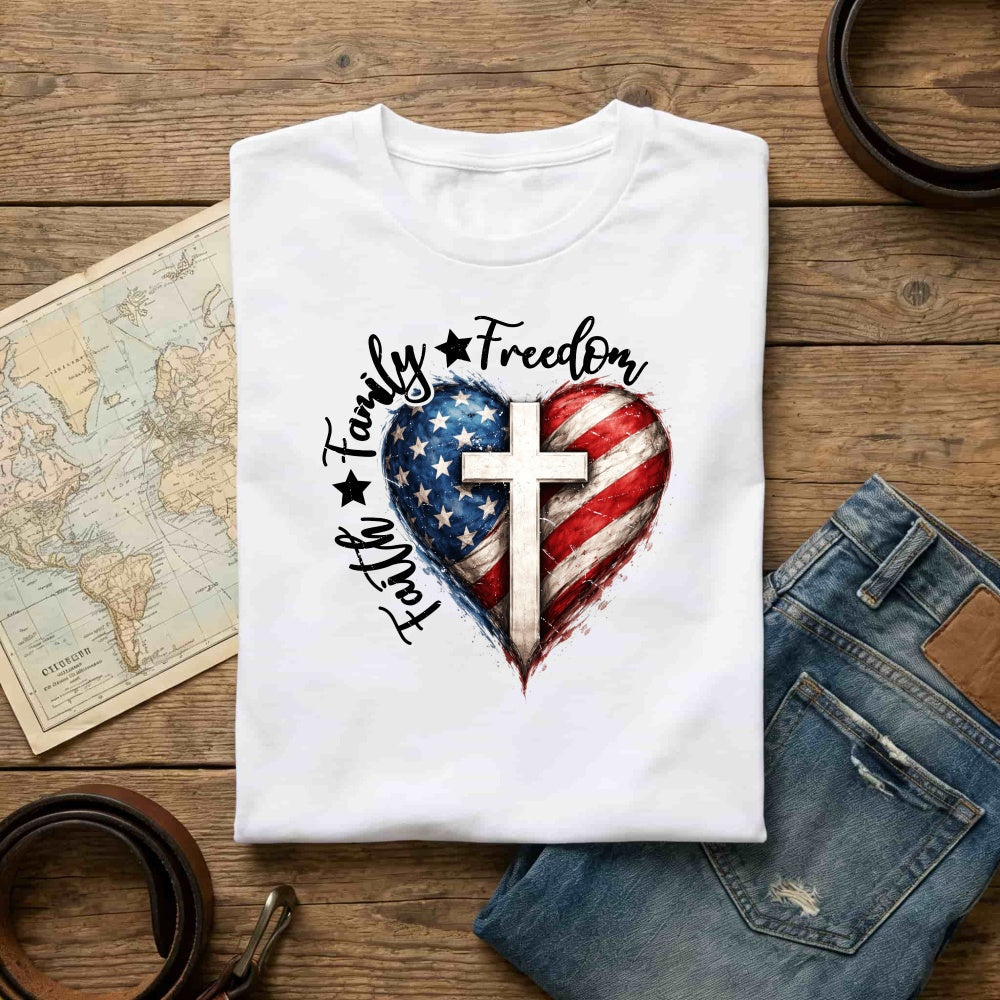 Patriotic Heart With Cross And American Flag Classic T-Shirt Family Freedom