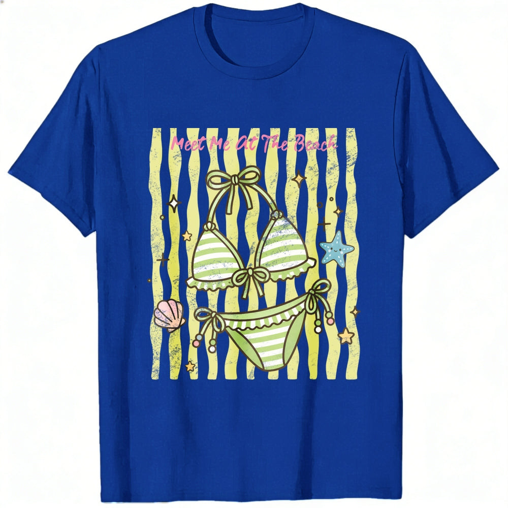 Cute Summer Beach Bikini Graphic Classic T-Shirt Meet Me At The Beach Striped Seashell Starfish Desi