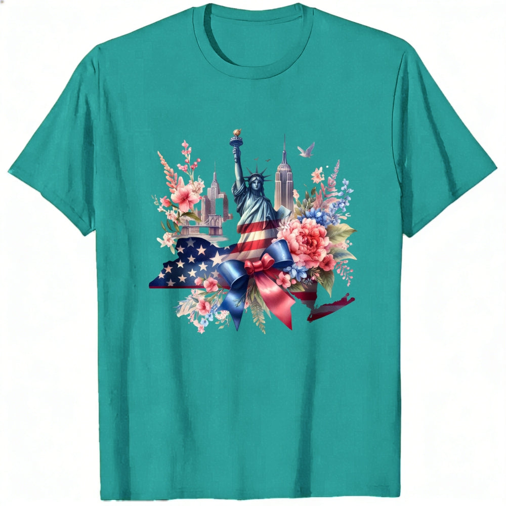 Patriotic Floral Design Classic T-Shirt Statue Of Liberty And American Flag With Flowers And Cityscape
