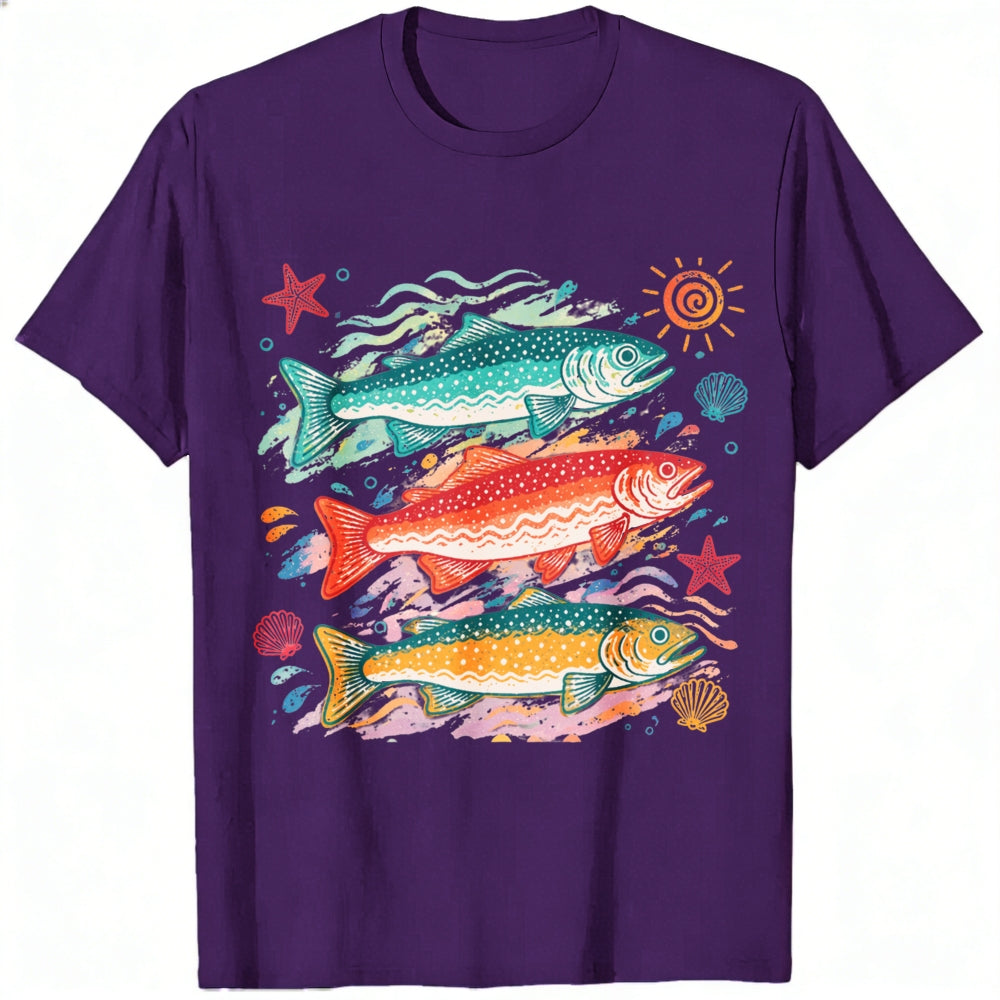 Vintage Style Classic T-Shirt Colorful Trout Fish And Sea Stars Ocean Art