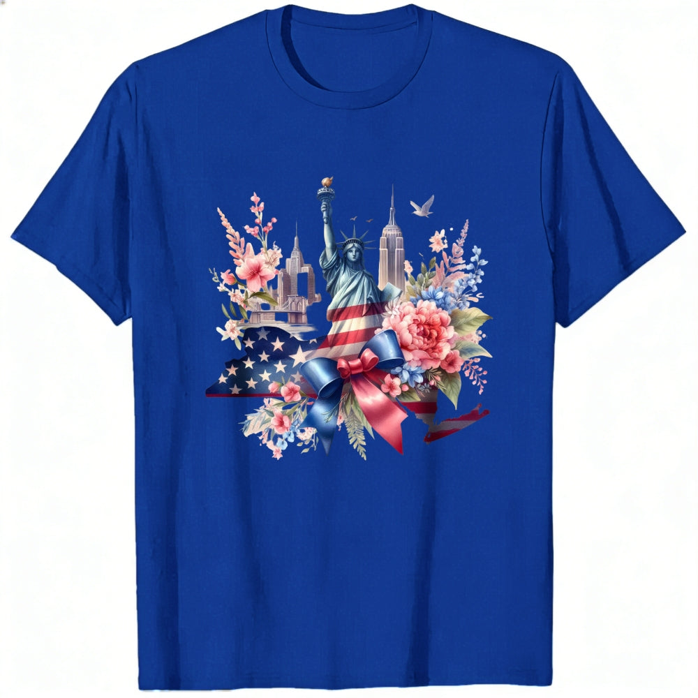 Patriotic Floral Design Classic T-Shirt Statue Of Liberty And American Flag With Flowers And Cityscape