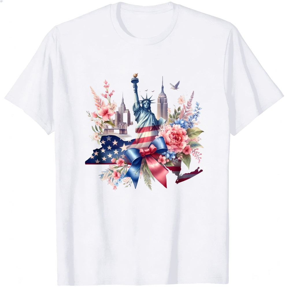 Patriotic Floral Design Classic T-Shirt Statue Of Liberty And American Flag With Flowers And Cityscape