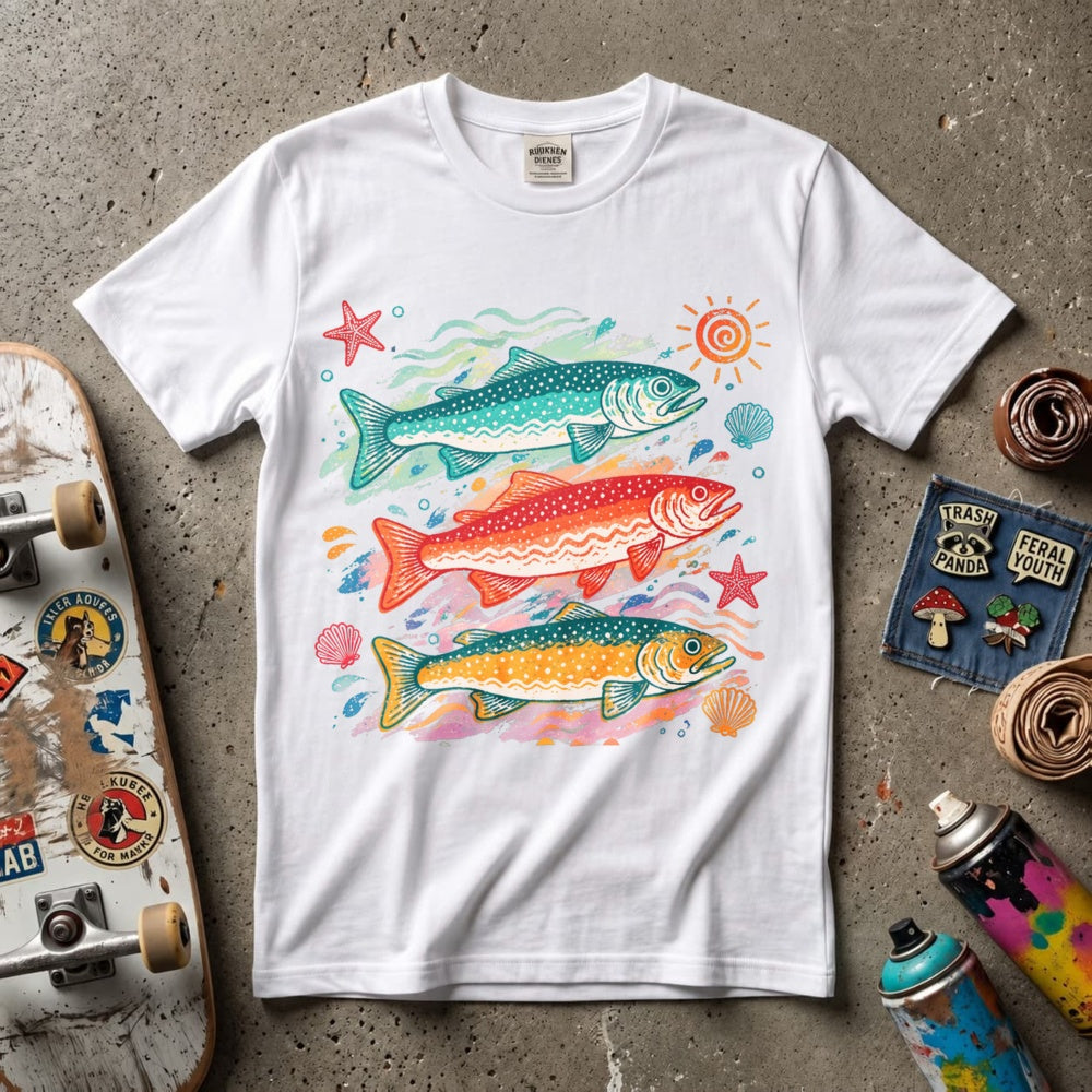 Vintage Style Classic T-Shirt Colorful Trout Fish And Sea Stars Ocean Art