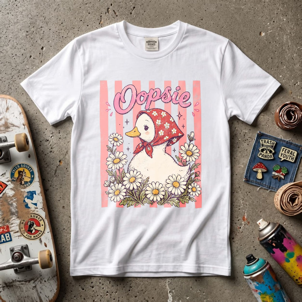 Cute Vintage Style Classic T-Shirt Oopsie Duck With Daisy Flowers And Red Bandana