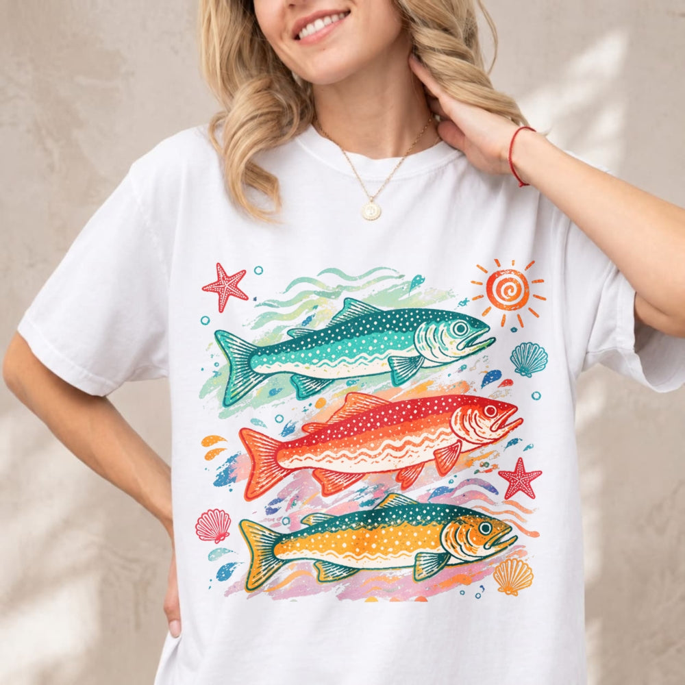Vintage Style Classic T-Shirt Colorful Trout Fish And Sea Stars Ocean Art