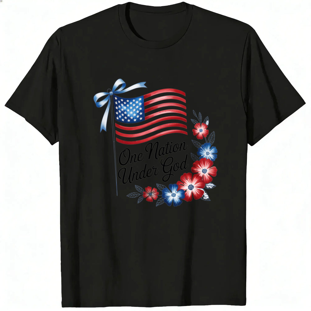 Patriotic American Flag And Flowers Classic T-Shirt One Nation Under God